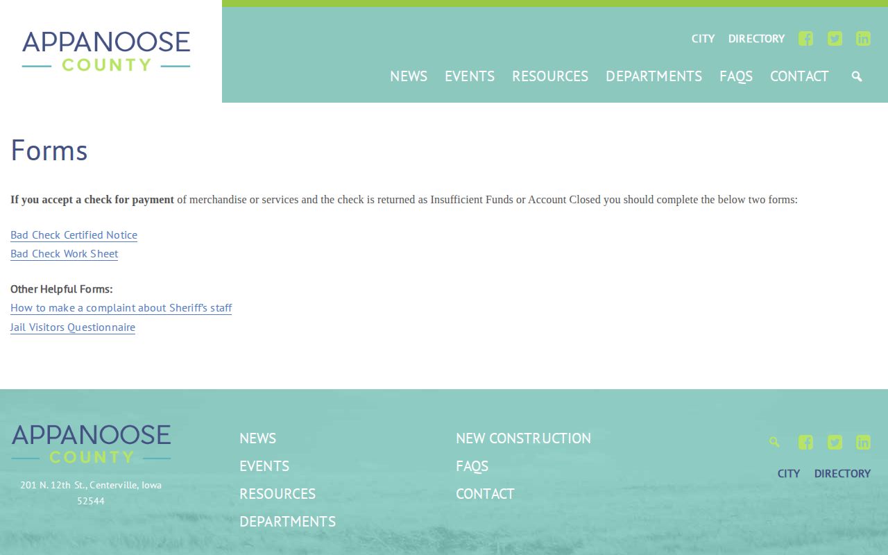 Appanoose County forms page for arrest record request routing